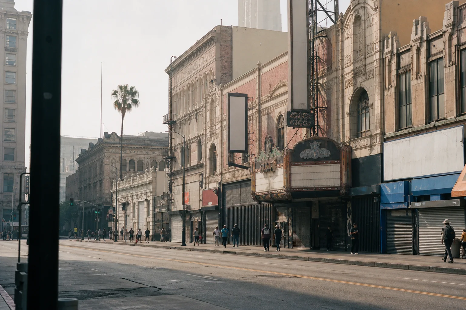 Historic Broadway theater facades in morning haze